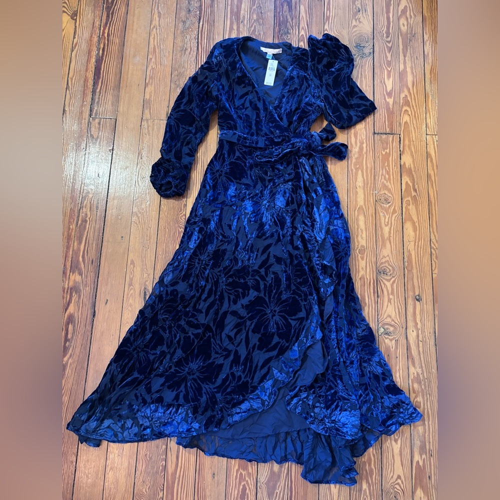 NWT Anthropologie Whimsigoth Boho Velvet Floral Wrap Maxi Dress - Blue
